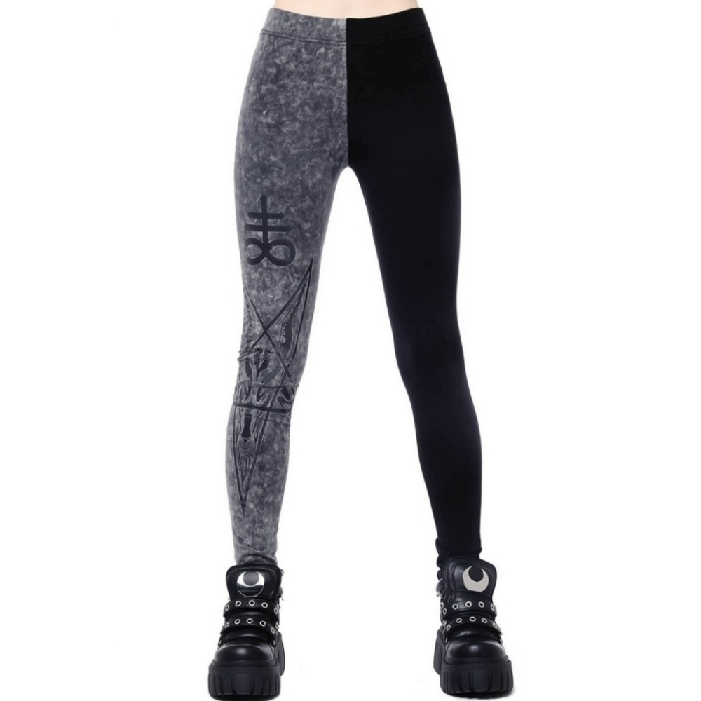 KILLSTAR ✦ Two‑Faced Witch Graphic Leggings ✦ Black Grey Contrast Stretch XS